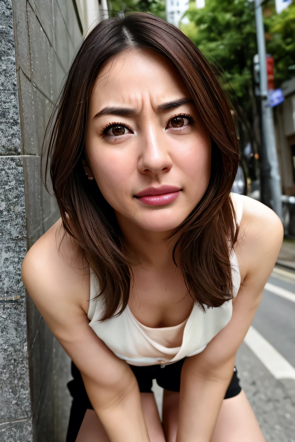 Beautiful Japanese actresses,1 girl,flying debris,,Award-winning photo, Very detailed, Keep your eyes focused, Nose and mouth,Face Focus, Extreme close up of face、 Age 35,Brown Hair、Symmetrical face,Realistic nostrils、Angle from below、Elongated C-shaped nostrils NSFW,(Sharp Nose)Sweaty skin、Shiny skin,(Brow wrinkles))(Cum on tongue)、Deep Kiss、((Thin eyebrows))Oily skin、Glowing Skin、double eyelid、、Beautiful woman、Medium Hair、Shortcuts、Tank top、(((Underarm))),Ska can see the sky、Shibuya Center Street、(((Show your side,throw))),Raise your eyebrows, (((Hold your mouth, Frowning, crazy, Frowning))), Textured skin,Long upper arms,((Cry with your eyes open, blush, Drunk, Frowning, Frowning, The face of endurance))Squat,