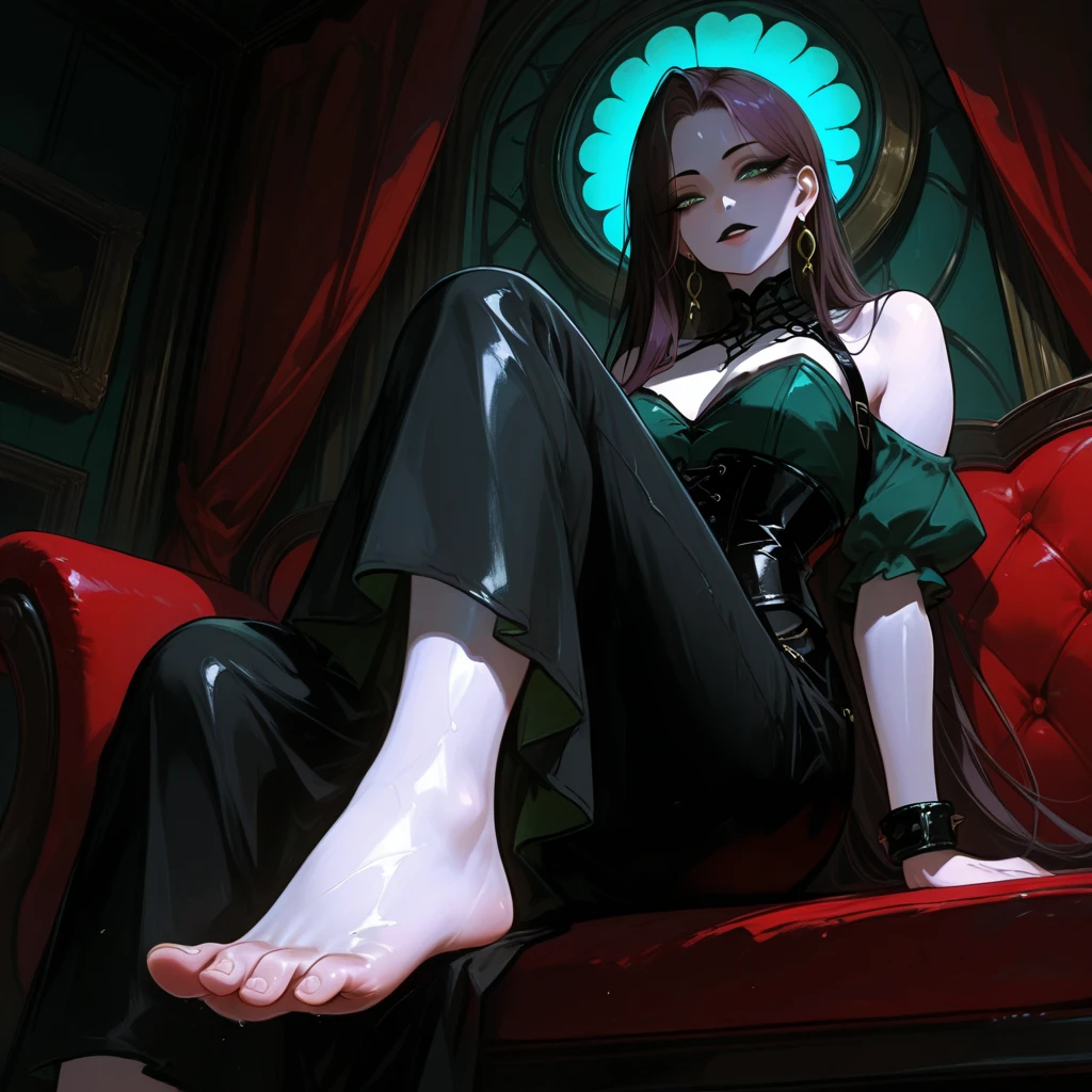 1girl, sofa, sitting, legs crossed, bodysuit, black bodysuit, bare arms, bare shoulders, (large breasts:1.2), yoruichi shihouin, dark skin, dark-skinned female, ponytail, purple hair, yellow eyes, (black leotard:1.4), thighhighs, full body, ((Leg Crossing ))