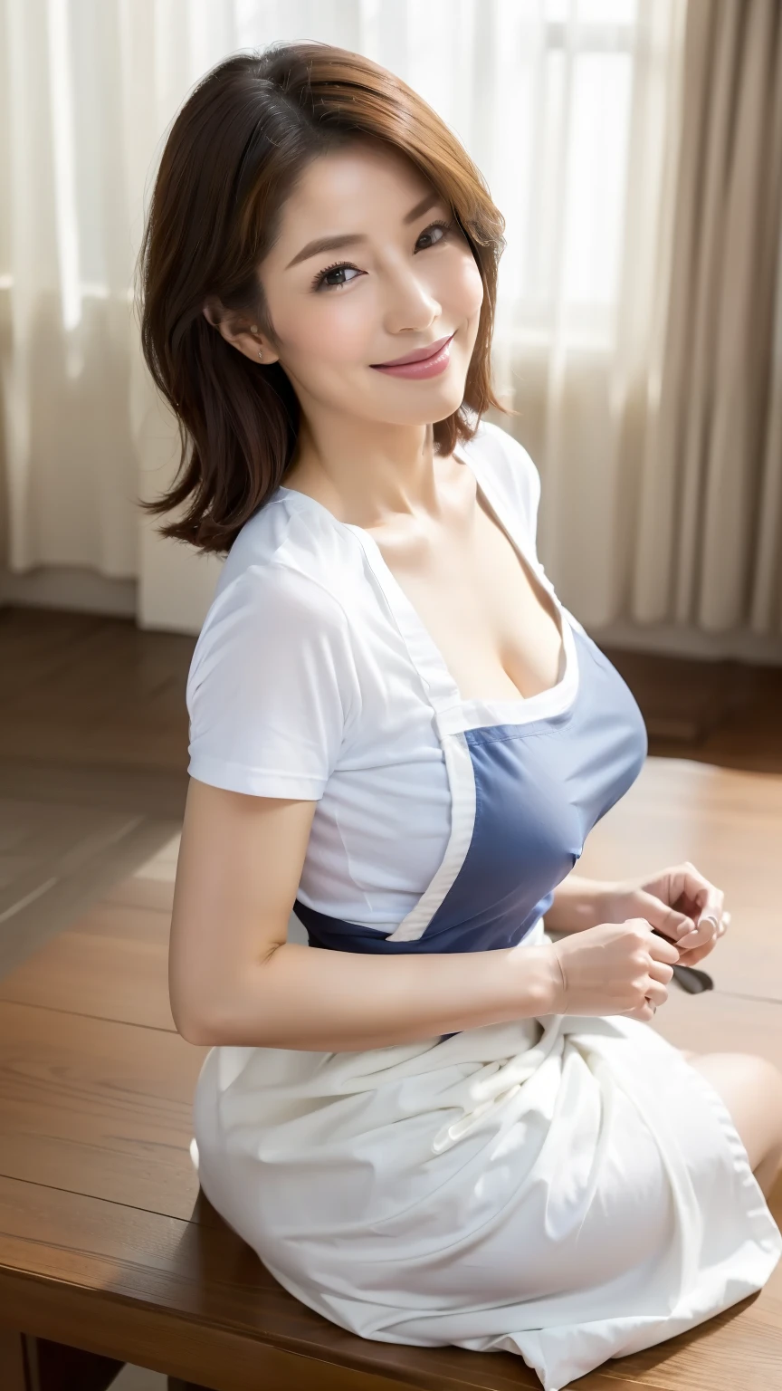 (highest quality,8k,masterpiece),
日本人Mature Woman,40 years,Mature Woman,Pure white skin, Tabletop、Top view from chest、
(Plump Breasts 1.3)、 ((Long T-shirt))、((Apron appearance)),Light blue denim pants、Random hairstyle、
,A gentle smile、A gaze that seduces viewers、Living room at home、