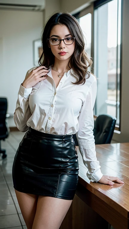 (masterpiece,High quality:1.3), (depth of fields:1.3) (cinematic), (hyper-realistic), (sharp), (detail) , ((front body:1.35)), Caucasian, woman, Alexandra Daddario, using smartphone, 1 girl (Women's business black suits, black midi skirt, White transparent collared shirt:1.2), Huge Lage breasts, Huge Large Round Ass , Huge Large Bubble Butt, (Looking at Viewer:1.3), (full body:1.2), Inside the office table by the window in the building