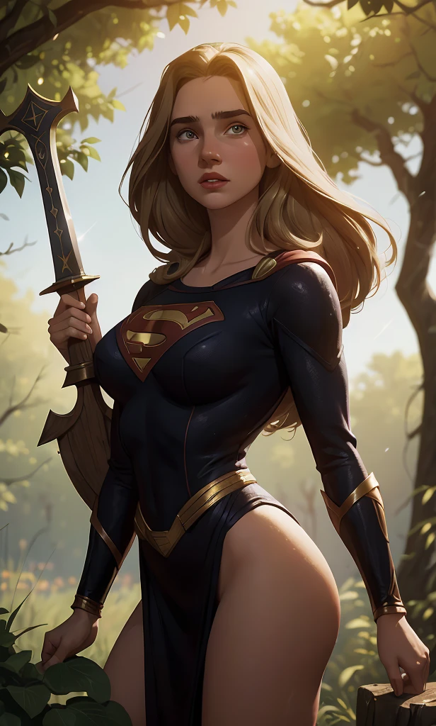 ((highest quality)), ((masterpiece)), (be familiar with), (High definition), (Realistic), (Realistic), (Best Shadow), Low contrast, (Complex:1.4), Side lighting, 8K, ((melissa Benoist)), ((SUPER GIRL)), Perfect Face、Detailed、(Accurate hand and finger depiction)、supergirl women、Blonde、Voluptuous body、(Large Breasts)、Narrow waist、(Big Ass)、Alluring、glamorous、(Lying on the ground:1.3)、Eyes closed、(Anguished expression:1.1)、sweating、On the grass、in the deep forest、blue sky