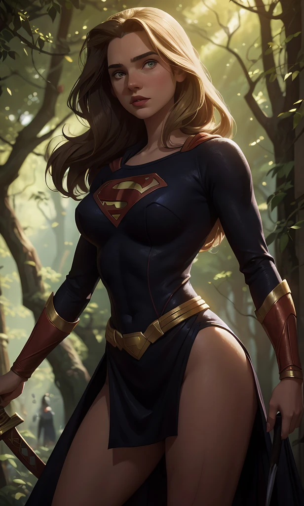 ((highest quality)), ((masterpiece)), (be familiar with), (High definition), (Realistic), (Realistic), (Best Shadow), Low contrast, (Complex:1.4), Side lighting, 8K, ((melissa Benoist)), ((SUPER GIRL)), Perfect Face、Detailed、(Accurate hand and finger depiction)、supergirl women、Blonde、Voluptuous body、(Large Breasts)、Narrow waist、(Big Ass)、Alluring、glamorous、(Putting a hand to your mouth)、(Shame:1.2)、(Embarrassed expression:1.2)、Flushing、sweating、On the grass、in the deep forest、blue sky