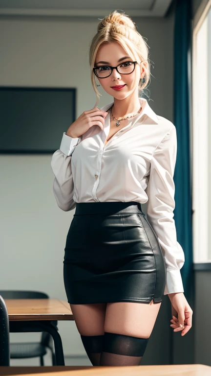 (best quality,4k,8k,highres,masterpiece:1.2),ultra-detailed,(realistic,photorealistic,photo-realistic:1.37),professional,vivid colors,bokeh,portrait,studio lighting,beautiful blonde girl,blue eyes,perfectly applied makeup,immaculate skin,long flowing hair,confident smile,fashionable workwear,elegant black blazer,white dress shirt,form-fitting pencil skirt,black pantyhoses,shiny high-heels,high-end leather handbag,luxurious office space,modern glass desk,comfortable leather chair,state-of-the-art computer setup,meticulously organized documents,floor-to-ceiling windows offering breathtaking views of the city skyline,soft natural lighting enhancing the girl's beauty,subtle warm color tones,immaculate attention to detail,captivating composition,graceful pose and body language,conveys professionalism and confidence,subtle reflections and shadows adding depth to the image,meticulously painted textures and fabrics,realistic rendering of glossy surfaces,sharp focus highlighting every intricate detail,impeccable craftsmanship,effortlessly stylish,empowering women in the workplace,balancing femininity and professionalism.