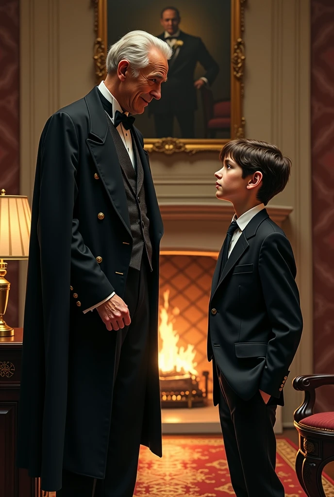 Elegant ambitious villain man smiling evilly giving advice to a boy