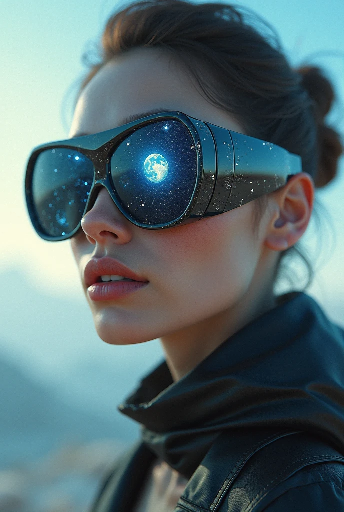 The model is wearing glass sunglasses with stars and the moon on the glass