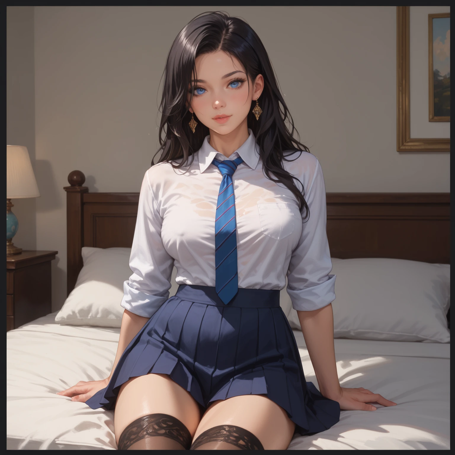 (maximum resolution: 1.2), (ultra high definition:1.2), cinema light, 8K resolution, fine eyes and skin, detailed face, perfect style, cute face, Accurate, anatomically correct, Highly detailed face and skin texture, beautiful and meticulous droopy eyes, (black hair:1.5), long hair, parted bangs, blue eyes, (white hairband:1.5), (long sleeves patternless blue shirt and blue micro skirt:1.5), (tights:1.2), (boots:1.5), 1 natural cheek, shiny skin, Fair skin, Glossy skin: 1.2, (glossy lips: 1.4), (embarrassed look: 1.2), 17 year old woman, (highest quality:1.2), cinematic lighting, perfect style, beautiful face, blush, glare, embarrassing, (smile:1.2), (nipples:1.2), (cameltoe:1.5), (fascinating body:1.2), bare navel, long shot, (in her room:1.5), from below, sitting on chair,