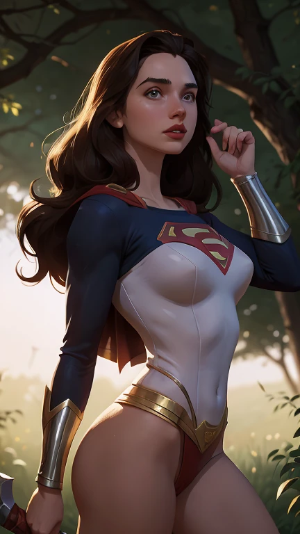 1female,45 yers old,Married woman,熟妇,Large breasts,long leges,big chest and thin waist, photo exposure, 独奏,(Background with:at a forest,the rainforest,in summer) She has long black hair,Redlip,The stands up,seen from the front, curlies, The sky is mostly cloudy,(((tmasterpiece),(Very detailed CG unified 8k wallpaper),Best quality,电影灯光,detailed back ground,beautidful eyes,Bright pupils,(very delicate beautiful),(Beautiful and detailed eyes description),ultra - detailed,tmasterpiece,)),facing at the camera,A high resolution,ultra - detailed),Expose breasts exposed,Bare genitals, convex,Camel toes,Raised sexy,Supergirl(dressed in:,see-through shirts,White jumpsuit)Superman uniform