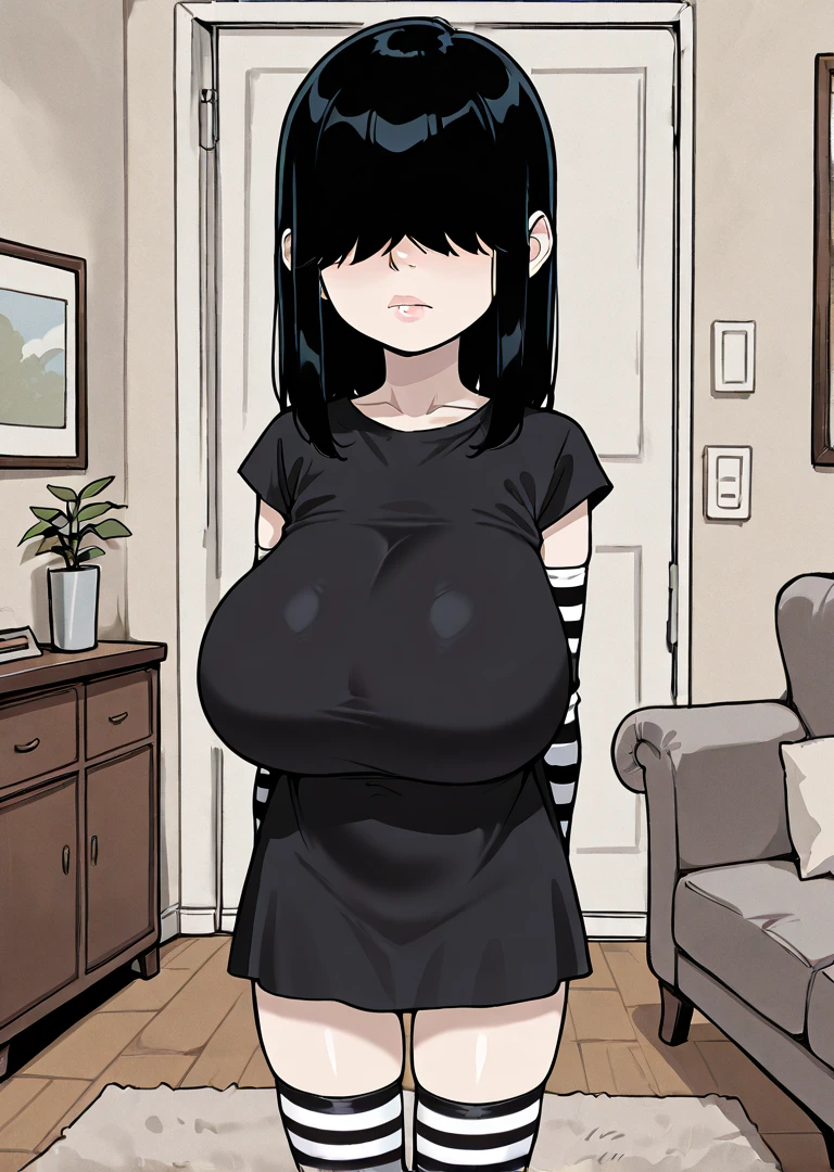 1girl,goth, fair skin, hair bangs covering her eyes, no eyes showing, black lipstick, short bob hairstyle, large breasts,c, slim waist, massive thighs, thick thighs, wide hips, wearing a small tight black t shirt, black pleated microskirt, small black slip on flats, flats shoes, white background , up close, entire body showing, on her knees on the floor, blowjob, side view, lip stick marks all over penis, huge penis, deep throating, submissive position, hands on her lap