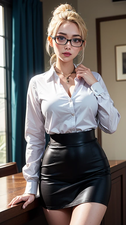(mast piece, high resolution, super detailed, 8k:1.2), highly detailed CG Unity 8K wallpaper, realistic, photorealistic, raw photo, perfect face, beautifully detailed face, realistic glowing skin, detailed cloth texture, detailed hair texture, perfect body, beautiful face, anatomically correct, highly detailed face and skin texture, natural neck length, (beautiful hands), (white skin:1.2), slender legs, thin feet,
BREAK,
Momoka nishina, (elegant and cute girl:1.3), (1 girl), adult female, 20 years old, ((Dress shirt, mini skirt, thighs, office room:1.2)),
(medium breasts, slim figure, firm abs, firm chest: 1.1), beautiful collarbone,
(Blonde, long hair: 1.2), (Asymmetrical bangs: 1.2),
Blake,
((Cowboy shot: 1.2)),
BREAK,
detailed eyes, symmetrical eyes, light brown eyes, double eyelids, thin eyebrows, (glossy lips:1.1), (half smiling),