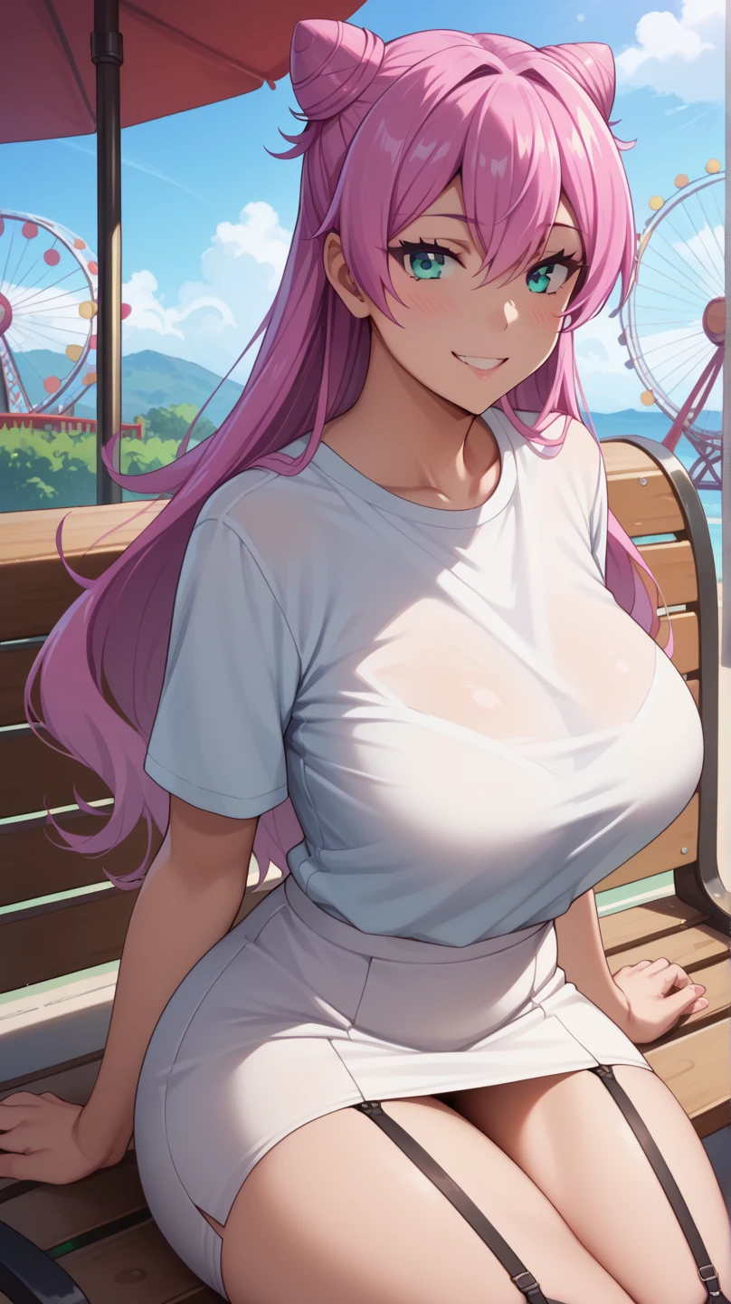 girl, elf, hime cut, light pink hair, long hair, J cup breast, thicc thigh, perfect hourglass body, small gymnastics shirt half size, deep cleavage, mini bloomer, tight, school yard scene, clear view, charming smile, wet, no bra and panty, areola see through,
