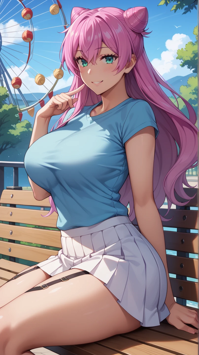 masterpiece, best quality, a sexy mature woman laying on the bench on a park ground, 1girl, white crop top tee, solo, shorts, denim, breasts, covered nipples, denim shorts, outdoors, smile, bare shoulder, cleavage, photo background, short shorts, sitting, charlotte_hazelrink, long hair, blue eyes, large breasts, jewelry, pink hair