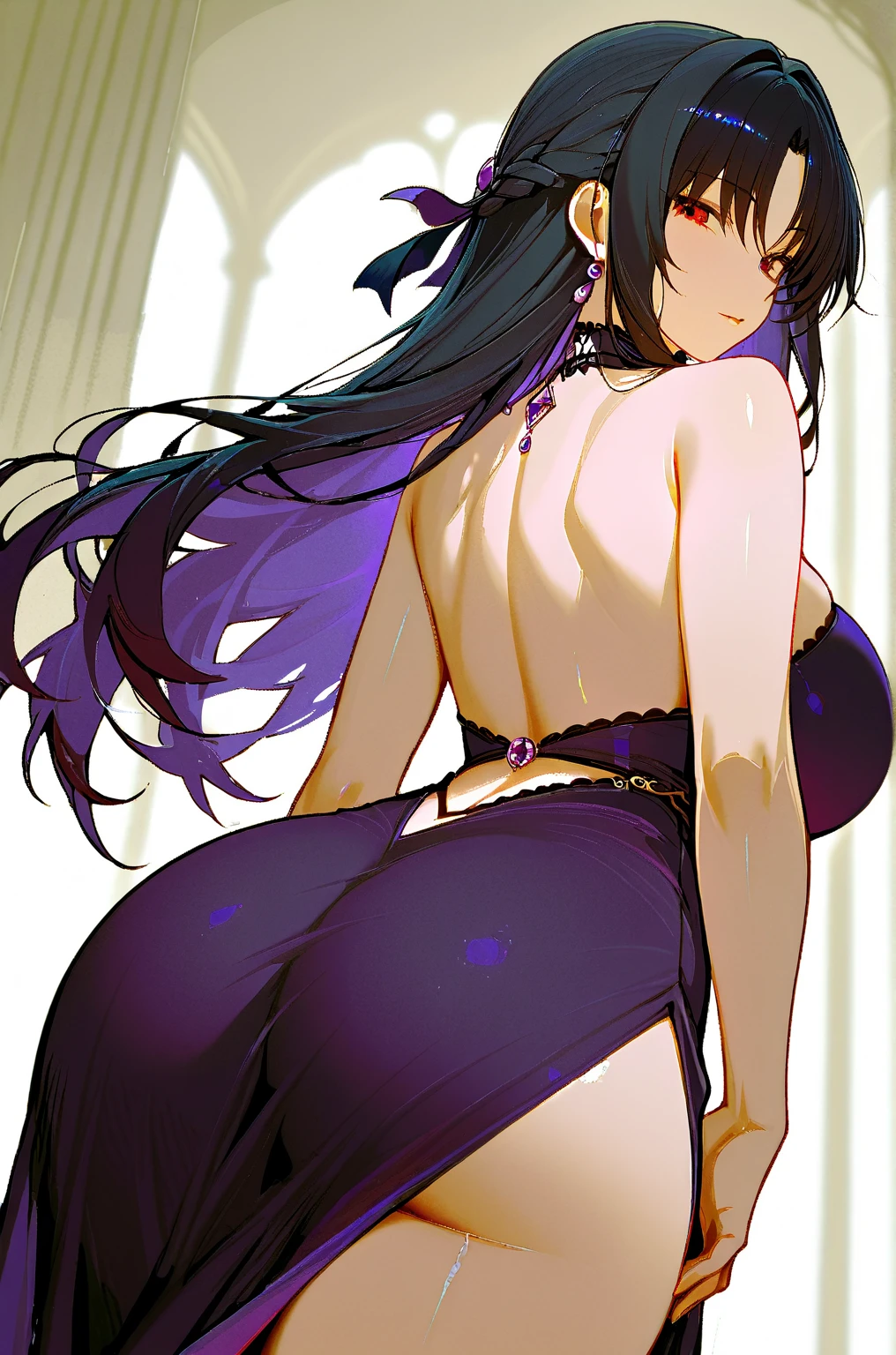 masterpiece, top quality, super detailed, high resolution, (ink painting style), excellent anatomy, beautiful 1 woman, (artwork, official art, beautiful and aesthetic:1.2), alone, purple long dress, hair ornament, black hair, blue eyes, off-the-shoulder, bare shoulders, looking back, from behind, flower, looking at viewer, containment, indoor, interior, best light, best shadow, mysterious, perfect face, highly detailed,
