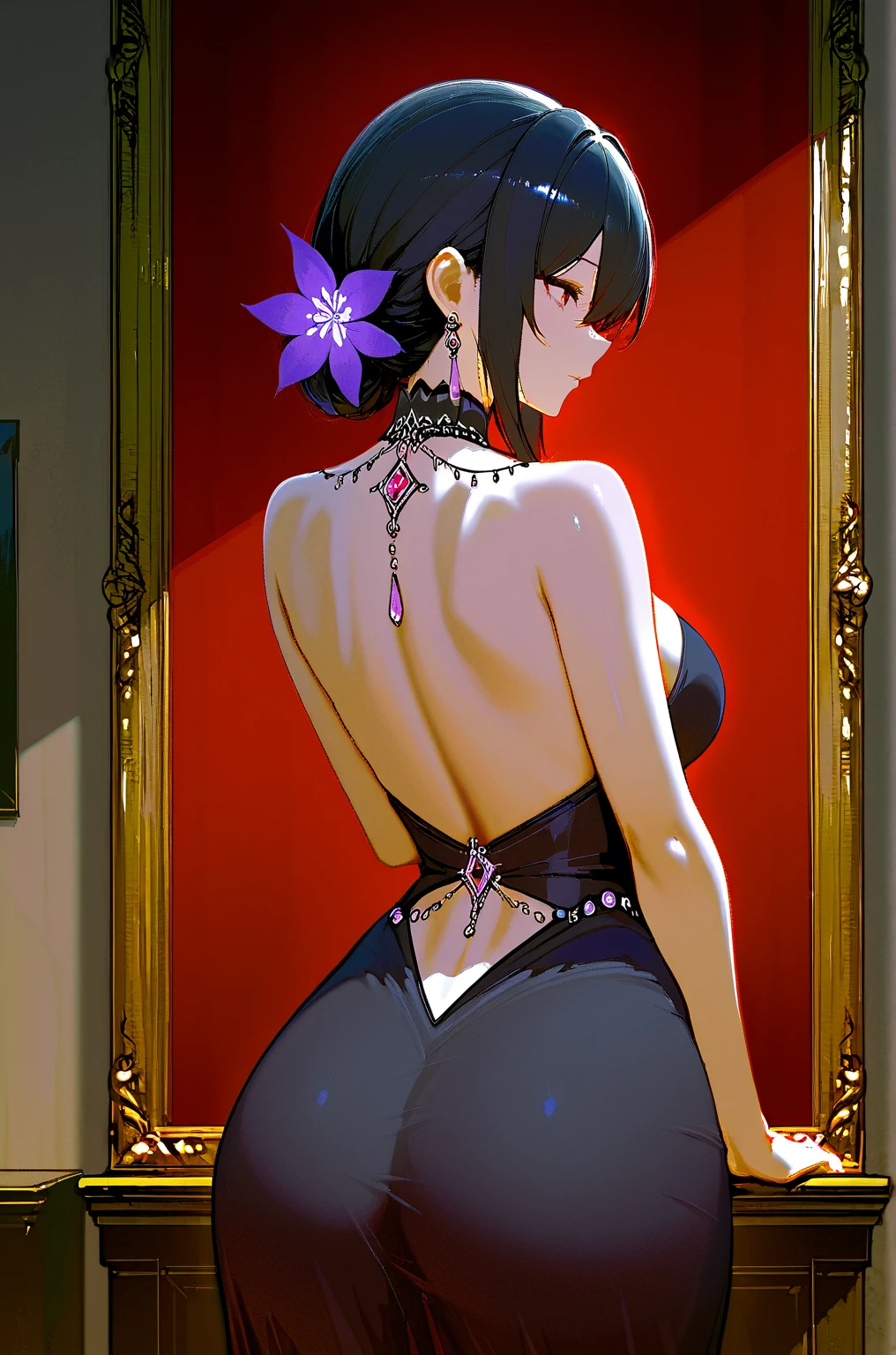 (A bewitching 35-year-old Japanese widow, dressed in a splendid black mourning outfit, lies face down between the varnished boards of a funeral parlor on a moonlit night, turning her profile and smiling mysteriously. Her chestnut French rolls cascade down her back like a waterfall of darkness, and her dark red lips seem to whisper secrets to the shadows. Her hands are gently placed on her hips, and she looks out over her gloomy surroundings with an air of seductive serenity, exuding an aura of mysterious charm. Her large, soft, delicious-looking buttocks, clad in black satin, rise up from her curvaceous body and protrude, inviting through the fabric., The white smoke of incense sticks floats thinly like mist., A background effect representing swirling anxiety), (nsfw, masterpiece, incredibly absurd resolution, absolute resolution, super high resolution, mature woman, MILF, professional, vibrant colors, perfect anatomy, ideal facial features, ideal body proportions, perfectly beautiful body, super detailed skin, shiny skin, glowing skin, attractive, soft and curvaceous, body conscious, neck, shoulder blades, back muscles, big soft looking ass), (from bottom: 1.3), ((To hide the overflowing murderous intent and the vicious nature that is about to leak out, the lewd and irresistible carnal trap that targets the viewer is a malicious and seductive smile.))