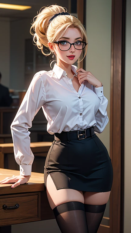 Classy upper-class elite secretary in business shirt, working in an office、Wearing a strict business suit, Wearing pantyhose、Wear high-end high heels、 Girl in a shirt, Wearing a business suit, Wearing a business suit, in a business suit, businesswoman, business clothes, wearing black business suit, Wear shirts and skirts, Woman in business suit, Business attire, business outfit, Raw photo, (8K、top-quality、masterpiece:1.2)、(intricate detailes:1.4)、(Photorealsitic:1.4)、octane renderings、Complex 3D rendering ultra detail, Studio Soft Light, Rim Lights, vibrant detail, super detailing, realistic skin textures, Detail Face, Beautiful detail eyes, Very detailed CG Unity 16k wallpaper, make - up, (detailedbackground:1.2), Exposed thighs!!!,