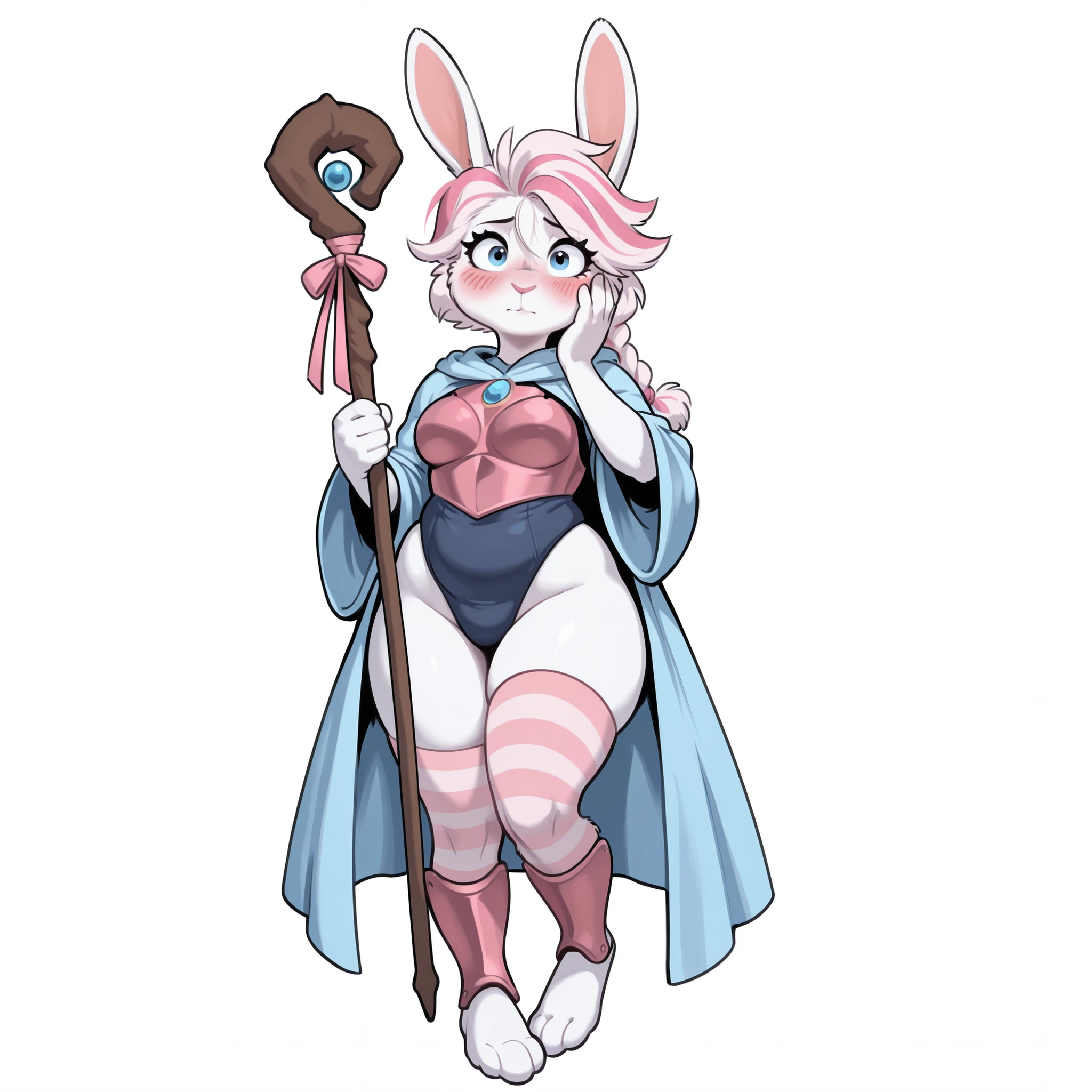 masterpiece, best quality, amazing quality, anthro bunny, female, (solo), big blue eyes, big eyelashes, white fur, medium breasts, hopeful, kind, gentle, shy, blushing, small hands, wide hips, chubby thighs, looking at viewer, young, looking at viewer, hand at face, (small feet), (medium white pink hair), single braid, (dark blue one-piece suit), white background, (baggy light blue wizard robe), plantigrade, (large pink ribbon on hair), (bunny ears), portrait, face focus, pink and white striped thigh highs, one garter, pink ankle armor, barefoot, holding mage staff, pink chest armor