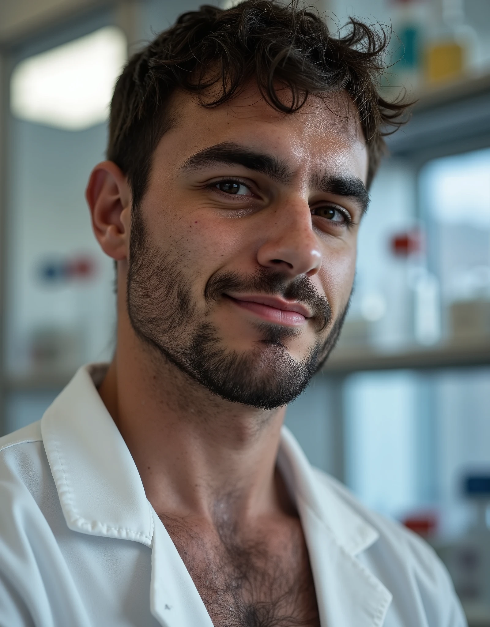 masterpiece, best quality, high resolution, closeup portrait, male focus, solo focus, a man, chemist, scientist, pretty shirtless, in unbuttoned laboratory clothes, wearing lab attire, looking italian, lab coat, sweaty hairy guy in laboratory, messy hair,25 years old, huge bulge, view from below, scruffy, closeup, interesting perspective, erotic pose, skinny and lean body, pretty cute and masculine face, smirk, pose, filthy, sweaty, very hairy legs, skinny and hairy, half naked, bare chest, in the background a chemistry lab, amazing composition, HDR, volumetric lighting, ultra quality, elegant, highly detailed