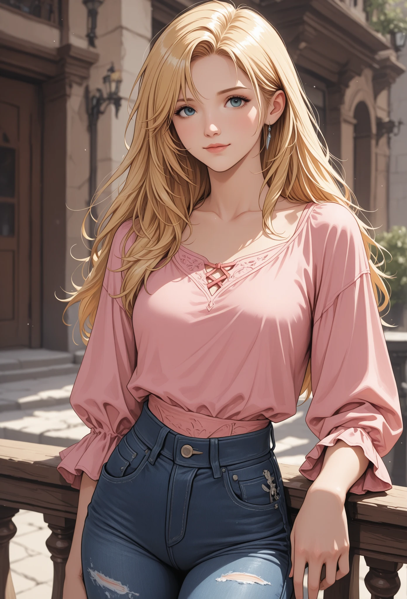 (masterpiece:1.4), (best quality:1.4), illustration, anime drawing style, 1gril, solo, ((Gold wavy hair)), flowers crown, very long hair, bright stunning eyes, collarbone, upper body, slim body, shiny skin, detailed face, natural make up, Pink lips, parted lips, upper teeth, cleavage, small breasts, (cute embroidered top, pleated skirt), red nails, necklace, earrings, looking at viewer, professional light, sunny, glowing, nature in background
