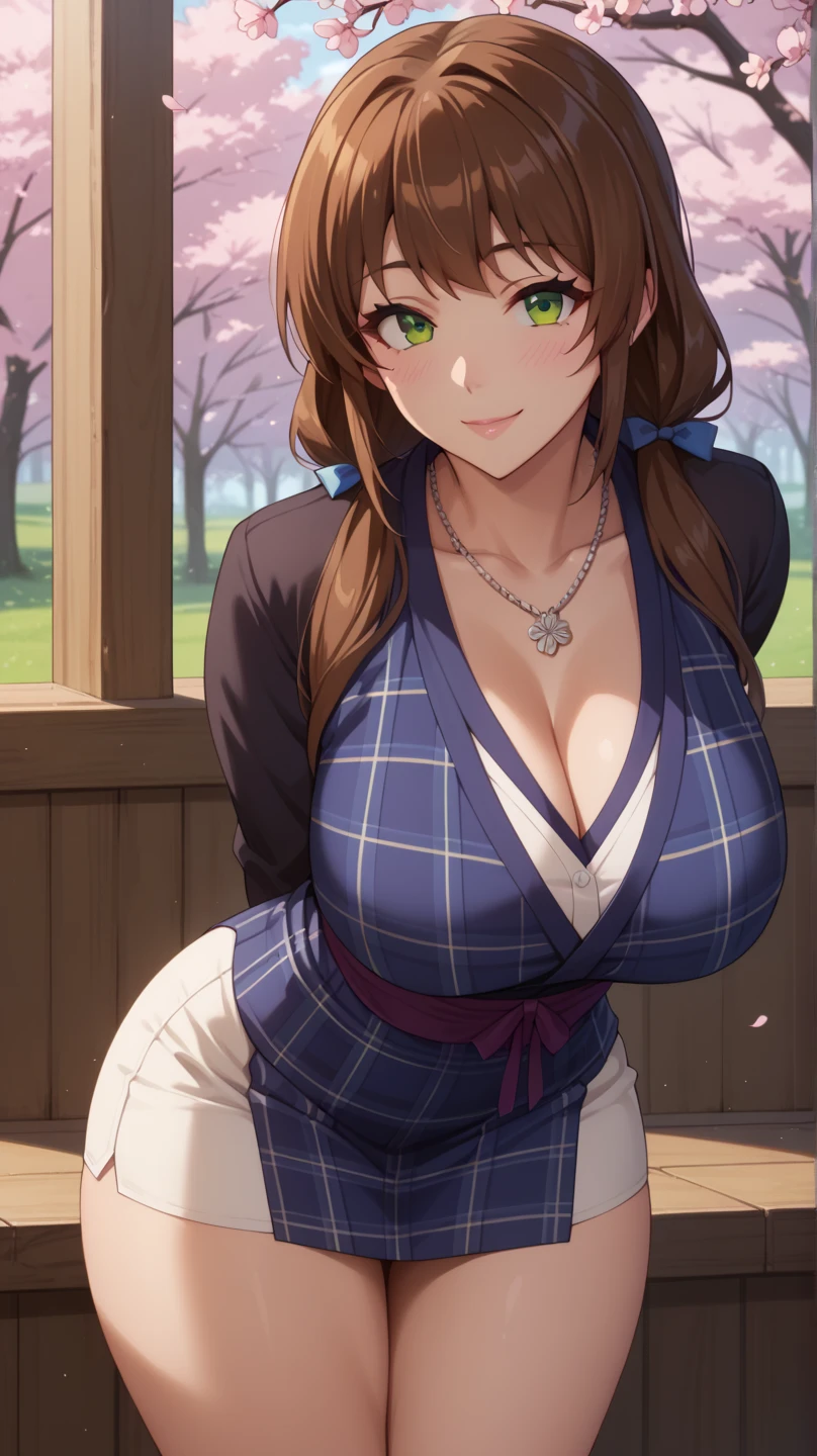 1girl, solo, full body, summer, village, trees, sun, clouds, colorful hair, curly hair, ponytail, large breasts, button down, dark blue eyes, ((purple shirt)), ((unbuttoned shirt)), ((short sleeved shirt)), cleavage 1:3, black skirt, brown shoes, grin, looking at the viewer, standing, hair ribbon