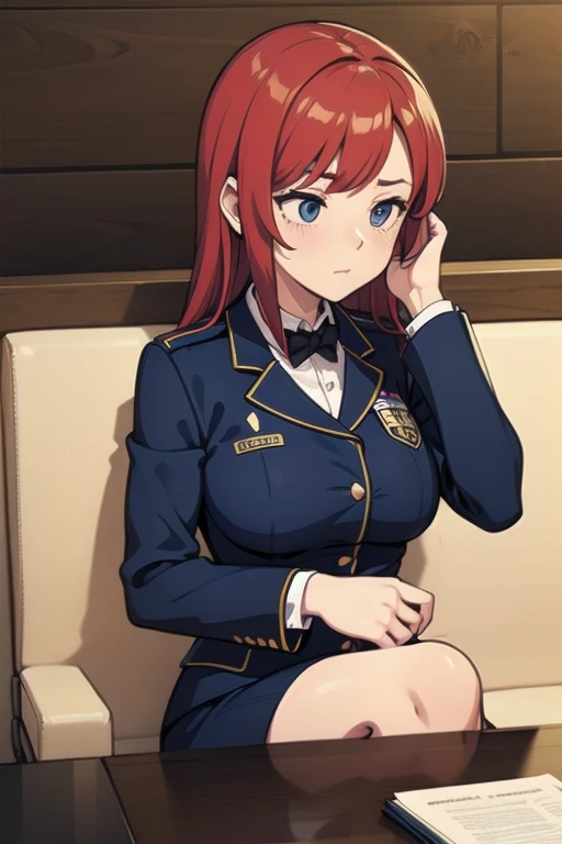 Create an anime style image of a redheaded white female police officer
