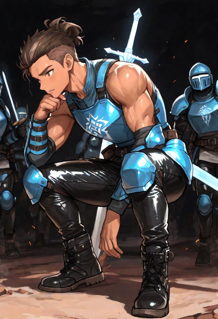 Dantte Navir* 27-year-old male, with a muscular and athletic build, wide shoulders and an impressive presence. Your skin is tanned, light tone, , evidencing his training on the battlefield, and her dark brown hair up to her chin(shaved sides )frizzy and slightly disheveled,. He has warm brown eyes, intense and always full of determination. His expression reflects a mix of experience and youth, a determined look that does not hesitate at all. He usually wears functional clothing, light and resistant, , preferably made of leather and fabrics resistant to combat. His bearing is worthy of a natural leader, with an upright posture that highlights his confidence and courage. When he uses the power granted by his link with *Moh *, his presence becomes even more impressive, as if fire and astral energy emanated from him, reflecting the power and majesty of their protector.(full body view:1.3)(loose fit in blue leather)(loose leather pants fitted at the ankle) (leather boots)( light armor)With sword in his hands( multiple perspectives)