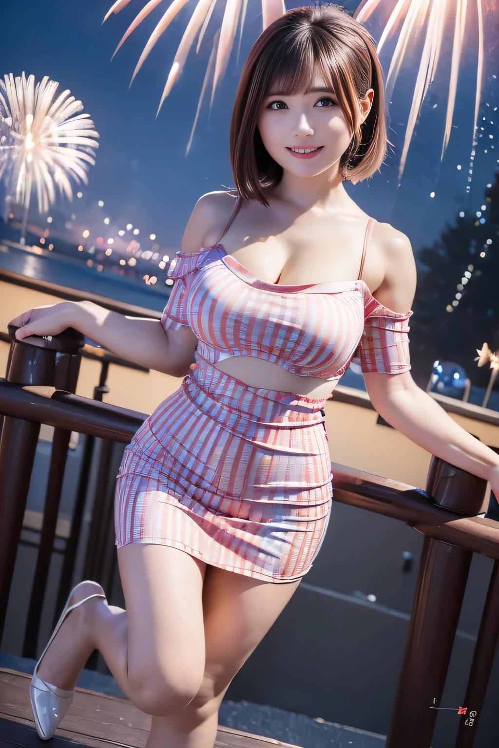 (BODY FIT TUBE_top_ dress:1.5), off shoulder, silk, (showing under both arms:1.4), (one girl drinking bubble tea), (happy, kind smile:1.2), (Big Breasts:1.3),  young woman, , (detailed face), very fine and delicate eyes, Clean and shiny lips, ((brown natural bob hair)),  night ,  night 景,  Japanese summer festival , Many food stalls , ( In the Cloud with Beanstalk ),  Show me a beautiful hip line, (Beautiful fireworks:1.4), (full body:1.2), Super Detail, Best Quality, masterpiece, 8k, realistic, Detailed and realistic skin, realistic lighting