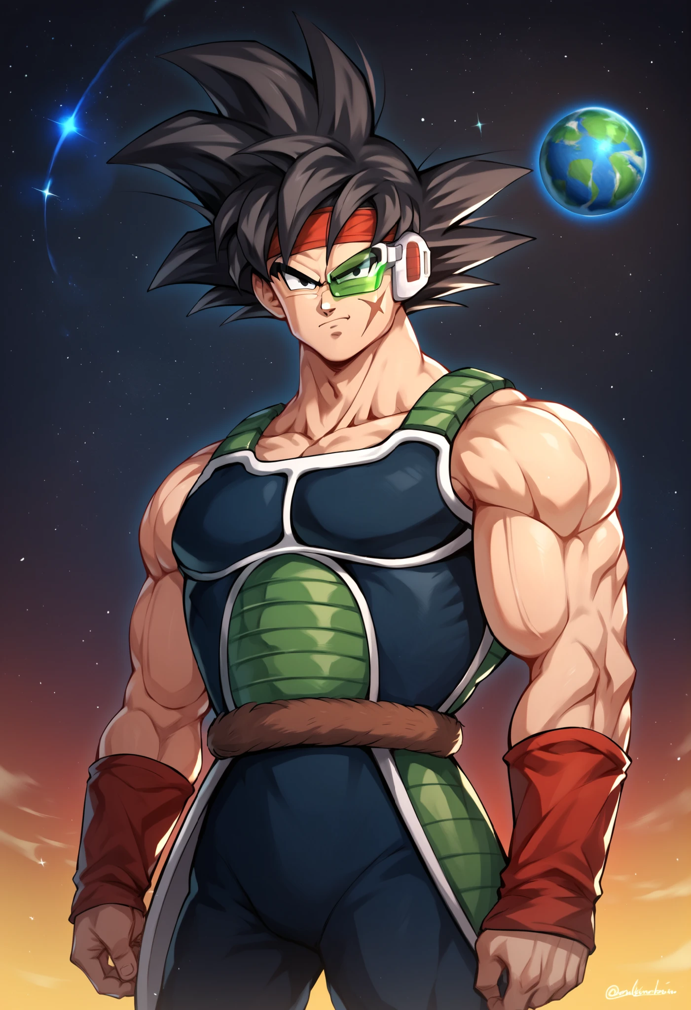 bardock, by mattari illust, 1boy, black eyes, black hair, closed mouth, cross scar, headband, male focus, muscular, muscular male, planet, red headband, saiyan armor, scar, scar on cheek, scar on face, serious, solo, space, wristband, (eye glass), score_9, score_8_up, score_7_up, score_6_up, score_5_up, score_4_up