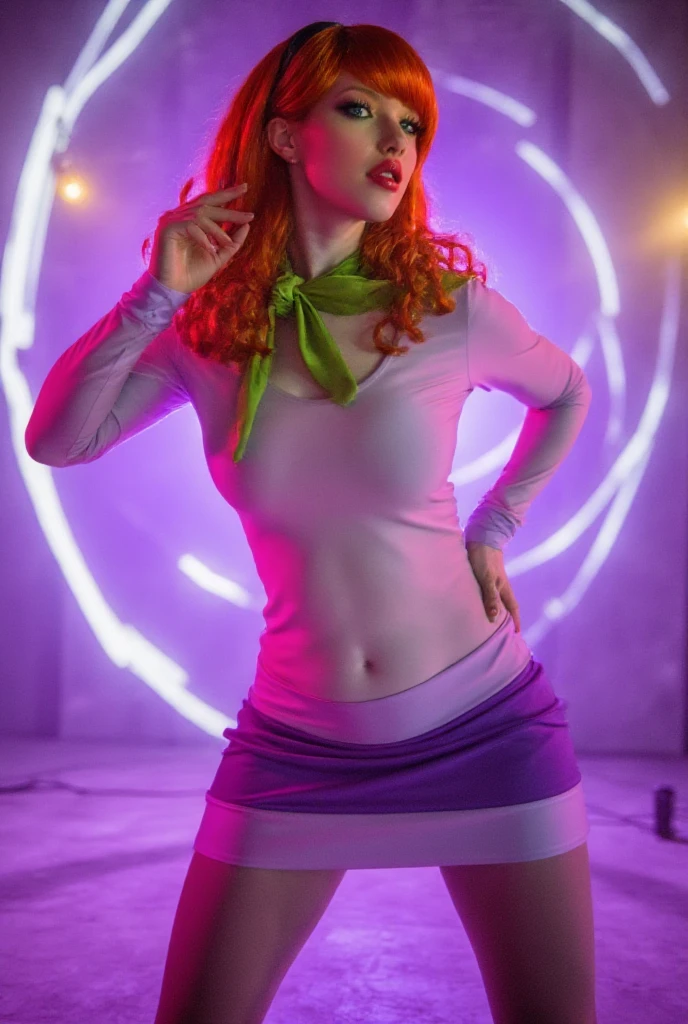 a sexy cute girl wear glasses, overhead angle of a Will-o'-the-wisp, wearing Funny Somali Emerald deep orange Pinafore, Caramel hair styled as Short hair, fluorescent purple Hair tie, equirectangular 360, Highres, unity 8k wallpaper, ultra detailed, aesthetic, masterpiece, best quality, photorealistic