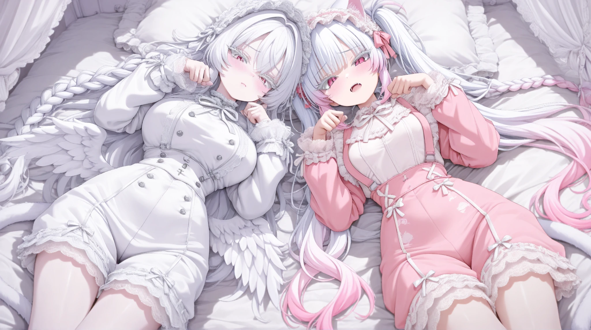 Super high quality, super high quality, super good, black and white hair, pink eyes, pouty lips, cute, futon, futon covered, bed, upturned eyes