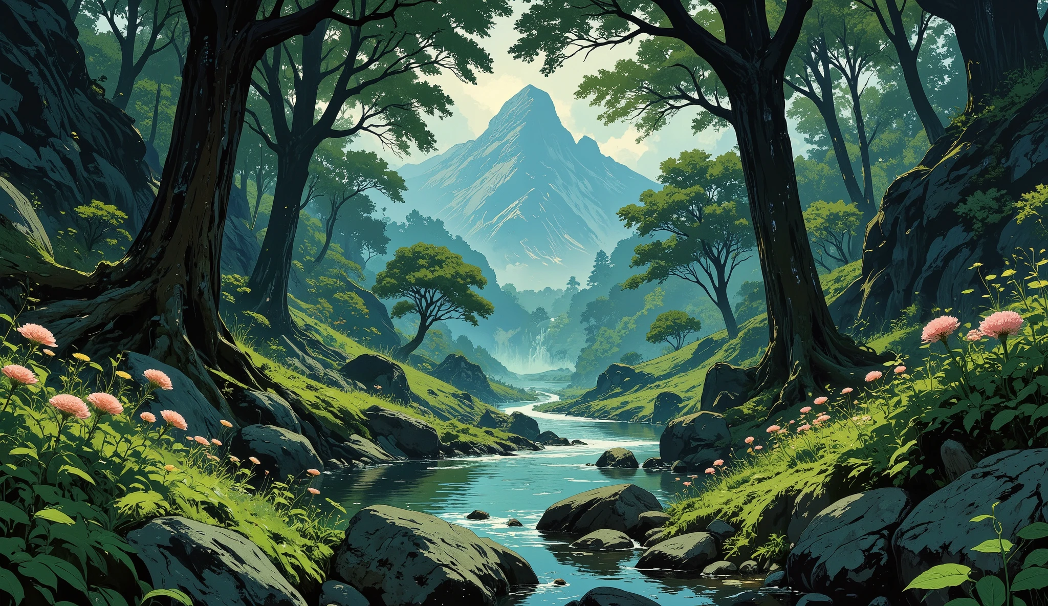 mysterious forest scenes , lush green trees, Foggy Atmosphere, and a meandering river in the middle, There is a mountain peak in the distance,quiet rivers reflect sunlight, (Detailed vegetation:1.2), ( skin blur :1.2), (Soft Lighting:1.2), (dark blue and emerald:1.1), (Pale pink flowers:1.1), Ancient stone structure, ( Organic shapes :1.2) , cascades into calm ponds, ( peaceful atmosphere :1.2), (there are rocks and moss on the forest floor:1.2), (trees of varying height and texture:1.2), Medium focus, detailed rock structure surrounding the water area, digital painting style, Fantasy Aesthetics, ( high-detail texture :1.2), natural light filters through trees, (Tranquil landscape:1.2), realistic, (smooth transitions of colors:1.2) , 8k resolution.