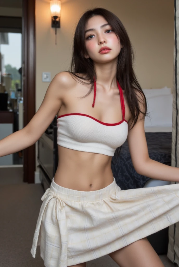 ((This is a two-shot photo with you and the delivery man who sees you、a picture:2guys、You can see the back of the delivery man looking at you、Stand in front of the delivery man、I see the delivery man、Show underarms、Ultra-realistic armpits、Armpit、Navel、Detailed armpit wrinkles、Detailed armpit pores、Realistic armpit skin、Black armpit skin、Black armpits、armpit pose、gazing at viewer、smil、Full body armpits standing facing the viewer、Show both armpits、Wearing a sleeveless sweater and simple little panties、Standing at the front door of the house while being watched over by the delivery man、Stand straight facing the front、Show armpits、Stand at the front door of the house、Watched over by a pizza delivery man、Stand in front of the delivery man at the front door of your house)), (illustratio), (hight resolution), (8K), (ighly detailed), (The best illustrations), (armpit pose、White small panties beautiful detailed eyes), (top-quality), (ultra-detailliert), (masterpiece), (wall-paper), (详细的脸、red lipsticks), (A smile、((40 years,red lipsticks,femele,Show realistic armpits))、Brown hair,high-ponytail Hairstyle,((Woman in red sleeveless sweater and small white panties、Show the navel)), japanes,(Slim body、Small)