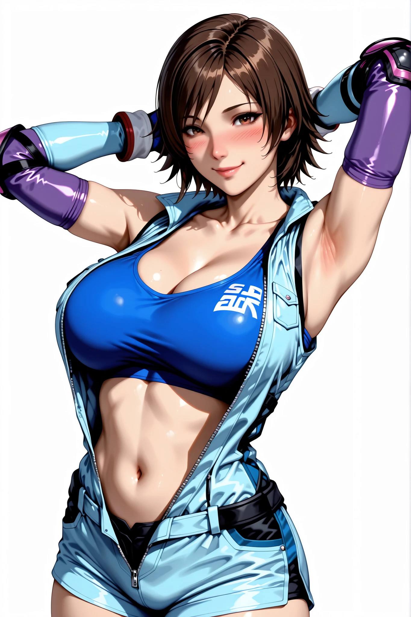 score_9, score_8_up, score_7_up,score_6_up,
source_Tekken, cowboy shot, standing, smile, naughty, blush, big breasts, boyish,
1 woman, solo, 20 years old, less eye blow, highly detailed eyes, perfect eyes:1.1, Best Quality, details, newest, AI-generated, Ultra High Resolution, curvilinear, is anatomically correct, (viewers without a clock:1.3),
(kazama asuka, brown hair, short hair, brown eyes, blue jumpsuit, sleeveless, blue sports bra, collarbone, navel, stomach, unzipped, fingerless gloves, elbow gloves, purple elbow pads, short shorts), white background, no background, hands behind head, (orgasm:0.7), breast massage
