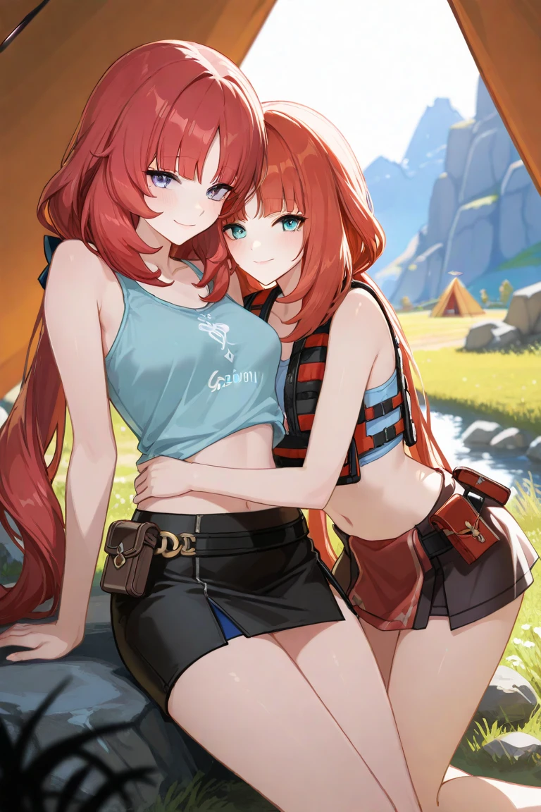 2girls, Camp counselors, anime, sexy, sweaty, tanned skin, brown hair, brown shorts, tight green t-shirt, exposed midriff, ample chest, wide hips, full body view, woods, sunrise, kissing, making out, lying on the floor, undressing