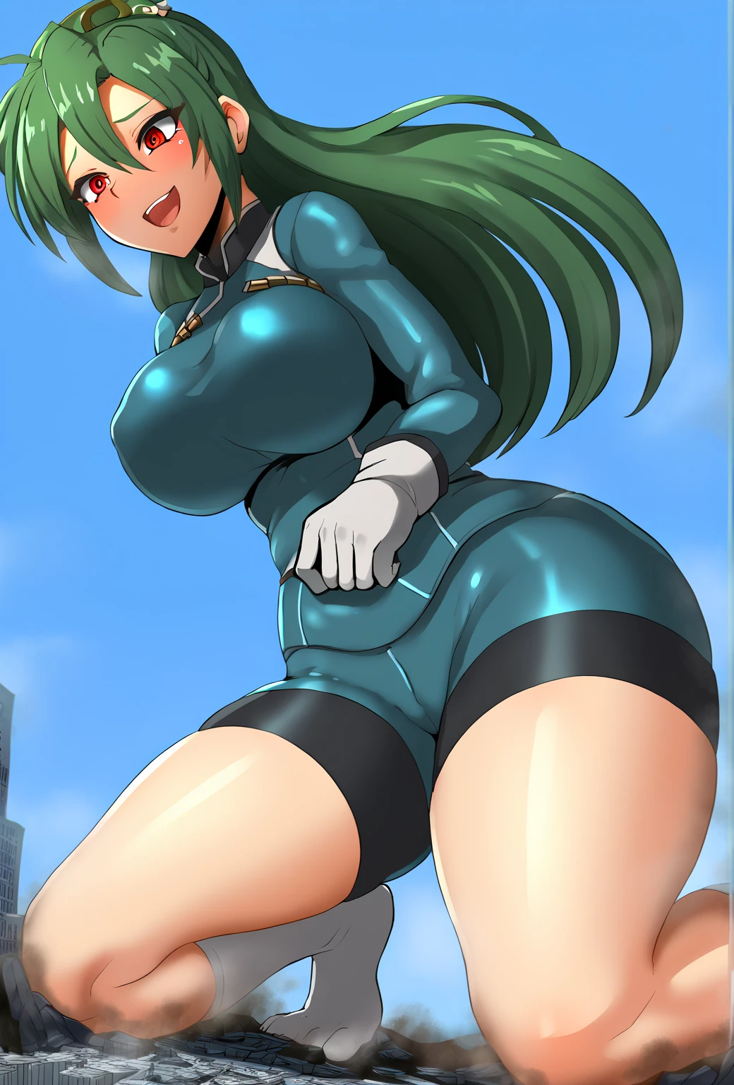 (best quality:1.3), Tsuyu Asui by boku no hero , (looking at the view), busty, cleavage, seductive, sexy, curvy body, big boobs, ((dress clivagem)), ((city)) ,