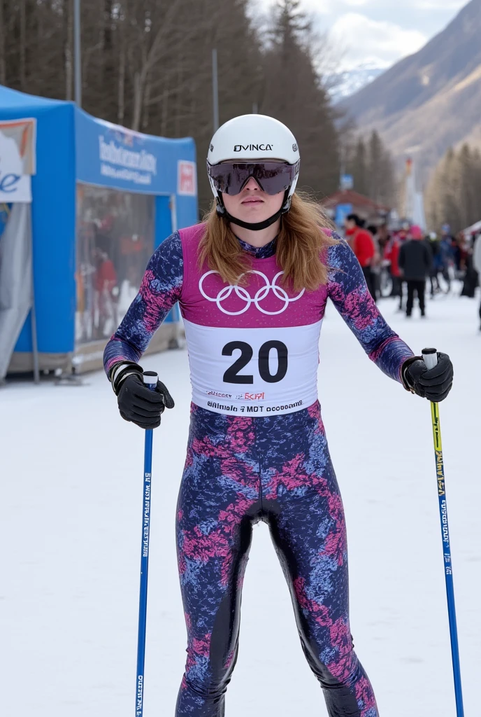 young KaiMaeka wearing a skiing dress and is cross-country skiing in the snow, at the finish-line at the olympics, with alpes mountains behind her, closeup chest view, cheering audience on the ranks, <lora:detail_slider_v4:3>, <lora:epiCRealLife:1>