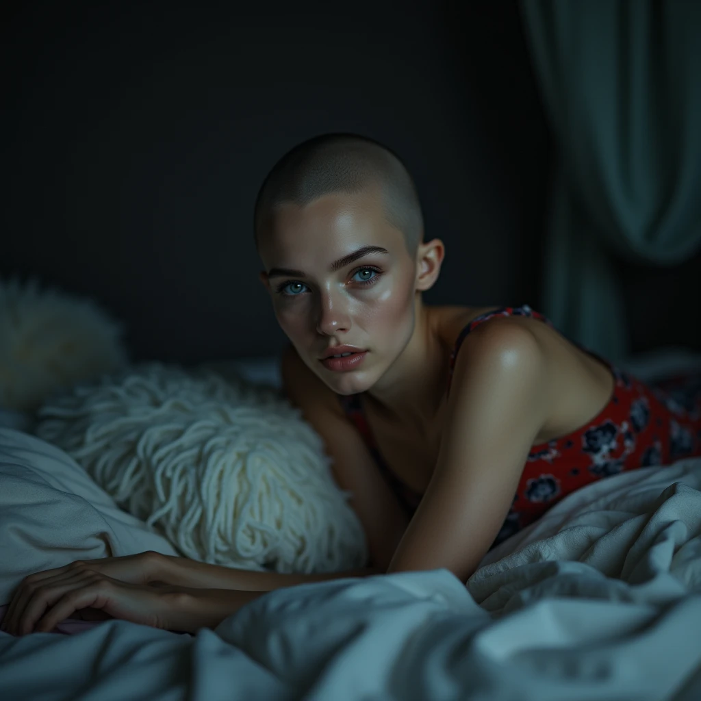 a photo quality image taken with a Nikon F1 SLR of beautiful bald head female 2 who looks anatomically correct and thin gazing expectantly into the camera lens only wearing lacy socks lying spreadeagle on a bed with spread legs she is completely shaved