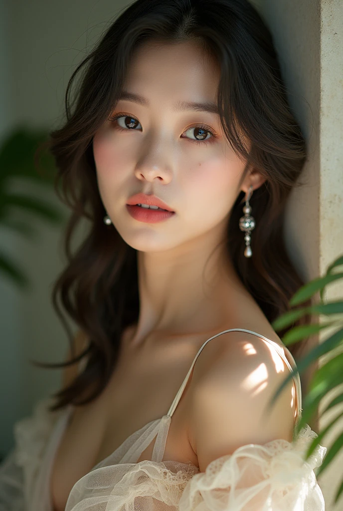 (daydream), 1 woman, (beautiful breasts (upper body)), 1 woman, (erotic_, (masterpiece)), pretty young face (European) (Asian), (race), skillful art, Very top quality detailed eyes:1.5, (8K HD Graphics, (soft and cool light), Highest quality, detailed, ultra-high resolution:1.2 dynamic lighting, art station, winner photo, Volumetric lighting), (blur background)