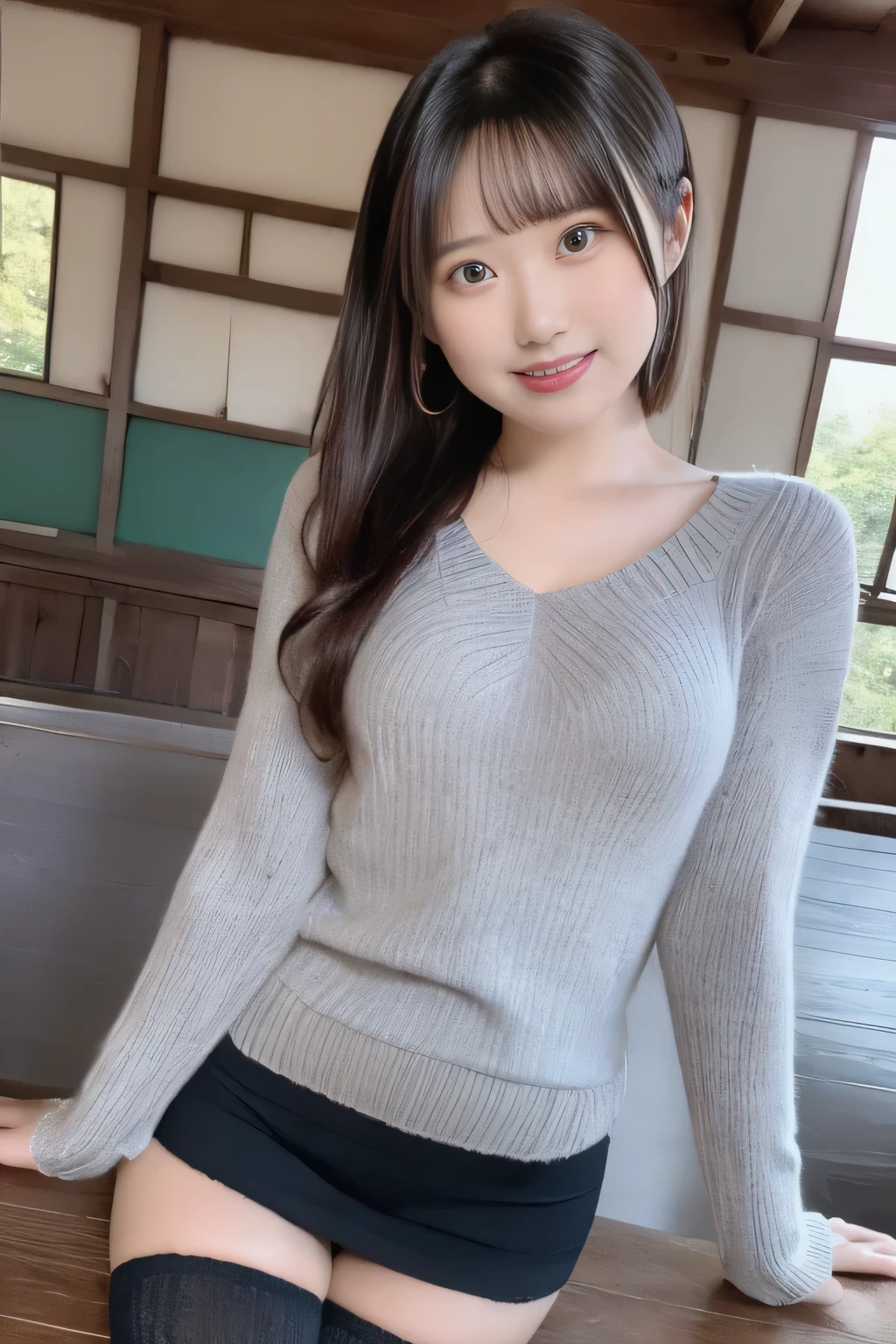 table top, top quality, very detailed, finely, high definition, 8k Wallpaper, perfect dynamic composition, fine, beautiful eyes, (gray knitwear、 black knee-high tights:1.2)、 knit dress、gray knitwear、 simple scrunchy 、wear、ponytail hair、Natural Colored Lips, bold and sexy pose,smile,In town、、28 year old girl、cute、sexy shot looking at camera、Attractive、beautiful breasts、Shapely breasts、beautiful ass at the old train station、 big chest thin waist、 Make your butt smaller 、small ass、seduction poses for sexual climax、Emphasize thinness、beautiful feet、Touching the chest with hands、beautiful feetで誘惑、Thighs are sexy