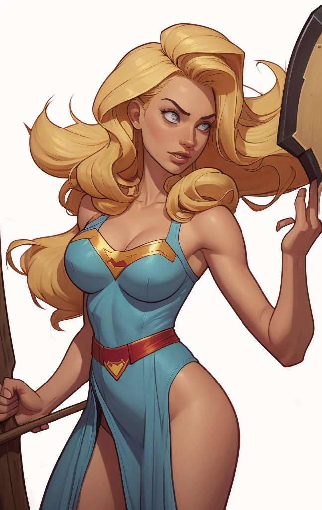Slim athletic woman, age 25, 4K (High definition), mysterious smile, seducing gaze, greeneyes, wearing a royal dress ((with v-neckline)), wearing tiara and choker, arms positioned at the side of the body, Caucasian skin, long blonde hair ((at shoulder height)), standing (upper body), curvy with freckles on her chest and neck, big round breasts. High-quality Marvel style, white background.