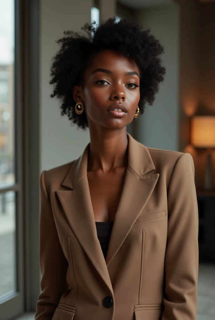 young black business girl with hair in a clean bun wearing khaki pants and business top showing cleavage and showing butt off