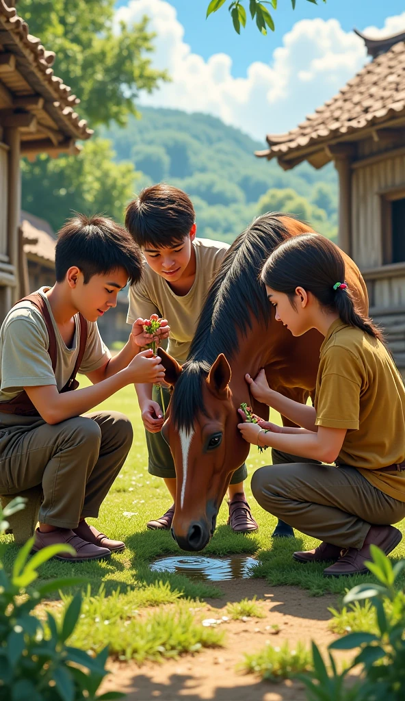 Photo of a 1980s malay 9 year old kids playing wooden horse in the garden, old movie film grain, shot with a Olympus Zuiko, cinematic lighting, retro, award winning photo,