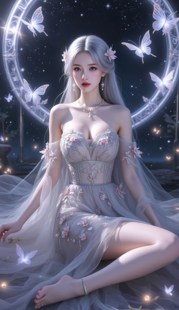 sh33rfl0r4l, long sleeves, black dress, off shoulder, bare shoulders, long dress, see-through, tulle dress,, White hair ,Beautiful dance dynamics , Long legs , Calf((Long white hair,Flowing long hair))Official Art , Unity8k Wallpaper , Extremely detailed , Visible cleavage, Pretty and beautiful , Sexy long legs, masterpiece , best quality ,Practical, Very detailed illustrations ,Extremely detailed , Intricate details , Extremely complex and detailed , Very detailed 8KCG wallpaper , Caustics .reflection , Ray Tracing , Devil Theme ,nebula ,Dark aura, Network Effects , (1 Girl)Solitary , 小蓝Butterfly , Dozens of monarch butterflies around , (Blue plasma flame , (insect , Butterfly)) 圣光Butterfly天使 , Butterfly翅膀 , Pastel tones in Rococo style ,Light white and light dark red , Incredibly beautiful , Cherry blossoms , Surrealism ,painting , Ethereal , Mixing reality and fantasy elements ,Ray Tracing , Complex patterns , Delicate lines , Perfect your hands, Starry Sky , rich and colorful , Star