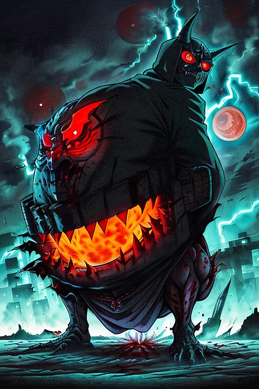 Dark night over the Bender, holding Knife, red moon with energy flow, sky is blood and star, Angry and Rage, multimedia illuminate