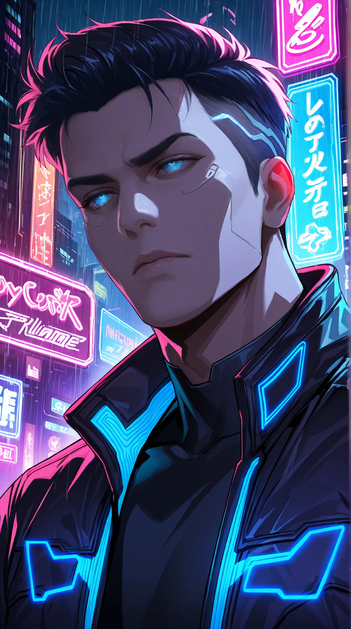 PonyXLV6_Scores , 1boy, android, black hair, cable, cyberpunk, cyborg, from side, headphones, male focus, profile, science fiction, solo, upper body, AniPnyXLQual