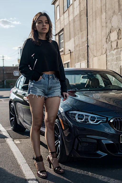 same girl standing besides car and having photogragy with the car and coding posese on cae in black bluish background of modern newyork city