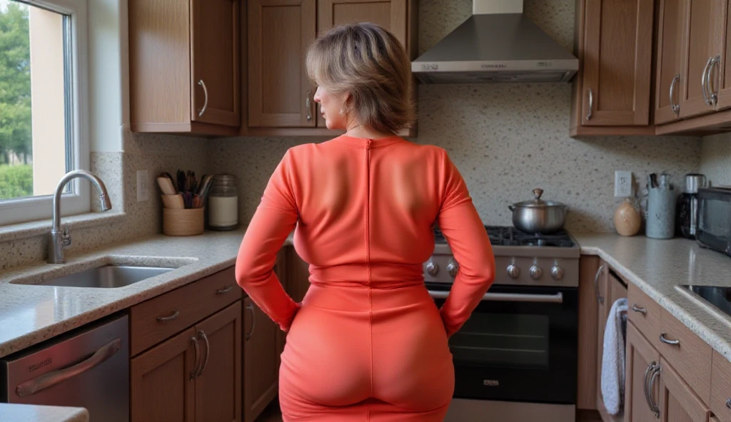 masterpiece, best quality, (photorealistic:1.4), full body, maximalist landscape, cinematic light, beautiful woman, she's cooking, skinny, very sexy, blond hair, short volume Bob hair, detailed face, very natural body. wearing maxi red see through dress with long sleeve . cooking in the kitchen. she's bending through the oven