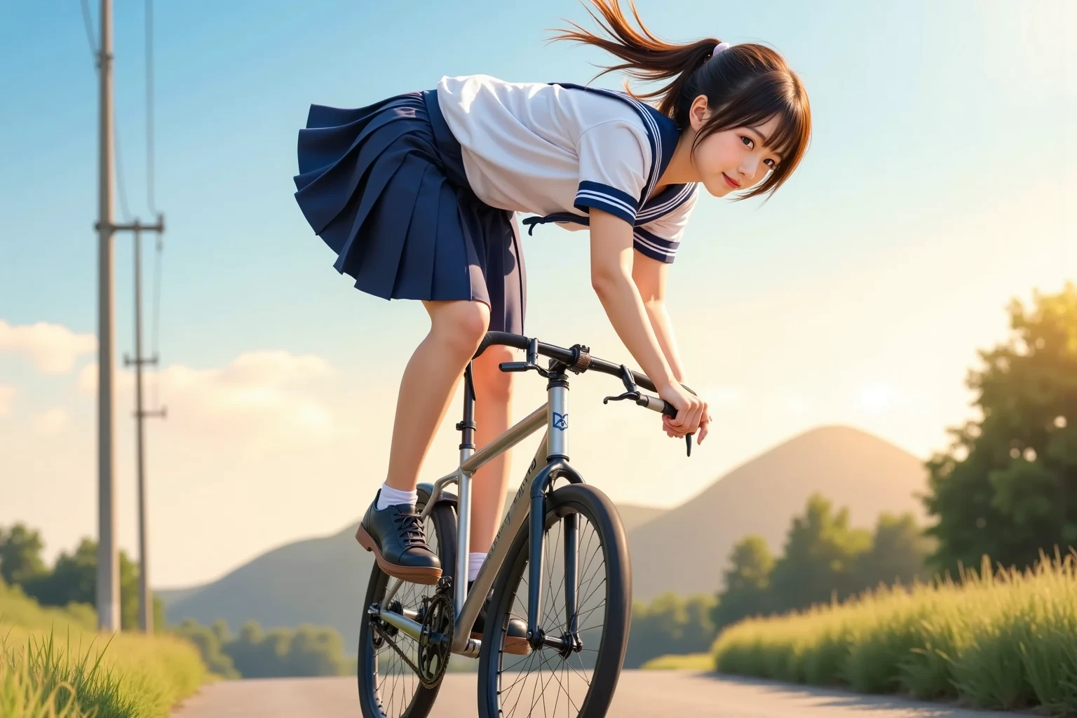 highest quality、High resolution、detailed background、beautiful and detailed face、beautiful and smooth skin、skin texture、professional lighting、Cute beautiful Iful Girl、Cute character wearing a sailor suit.、The costume is a uniform with a sailor collar and ribbon..、Cute Ponytail、 sleeveless、knee high socks、pleated mini skirt、Ride through the mountains on a road bike、
A road bike that can ride smoothly on slopes and mountain roads, Ideal for mountainous landscapes。.。mountain with nice view々Enjoy the natural beauty of valleys and canyons.。smile