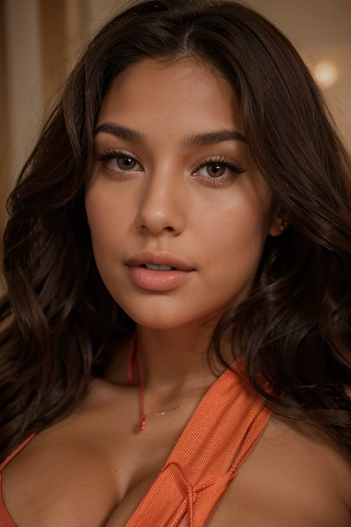 Day scene, Nsfw,((half body closeup photo)), extreme close up bustshot photo of latina, bikini, bedroom