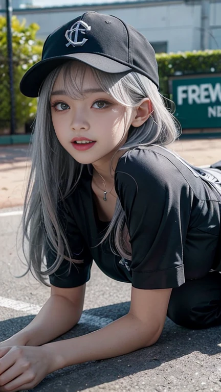 1girll(18yr old), Silver hair、A smile full of happiness、Green eye contact, Young face、Omouq、Incredibly cute,Panting Face、lack、After being attacked、full of sweat、Expressions in a state of excitement、Long hair、on the floor on all fours、Looks Back、Look from behind the diagonal、Baseball costumes、Black lace suspenders、New York baseball cap
