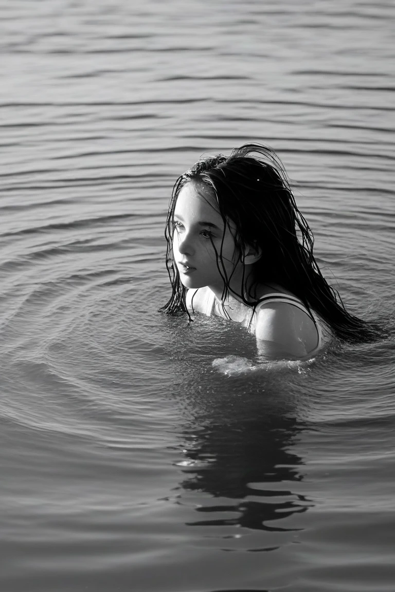 black and white closeup photo RAW, an ethereal scene with a 28 yr old woman in white dress submerged in water, surrounded by floating flowers, blurring the lines between reality and fantasy.