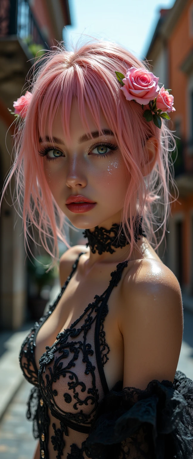 (((ultra realistic))) Photo, masterpiece, top quality, (pale skin), (ultra detailed face and eyes:1.3), 1 girl, adult,naked,((eye makeup, pink mascara)), ((fake detailed lips)), ((pink wavy hair)), ((Stylish hairstyle)) , ({enormous|giant|big|Huge|mega|false}breast), (thin waist), photoshoot, (soft) lighting, (The play of light and shadows), depth of field, hips, (special attention to skin detail: 1.3), detailed leather texture, skin pores, (Very {sweaty|oily} skin). (Erotic atmosphere of the frame. Color range - purple, pink, Tons), DR, ((granularity)), ((rays)), (glare), ((portrait, far from the camera)) , ultra detailed,
